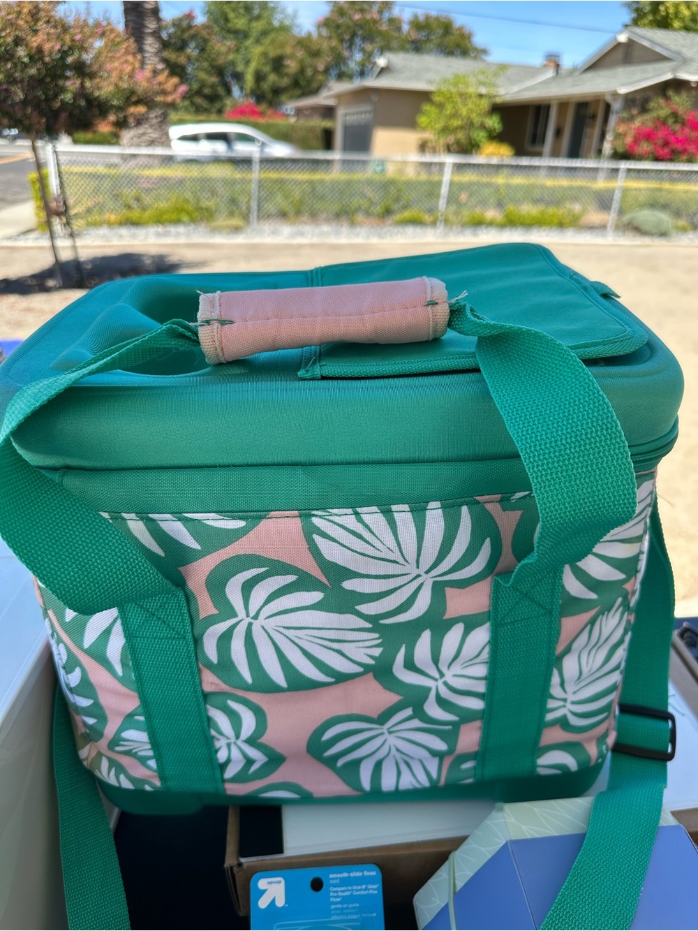 Green and Pink Tropical Print Soft Cooler Tote Bag